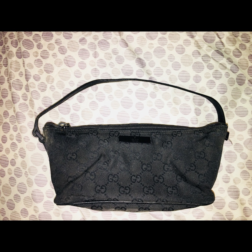 Authentic Gucci Monogram Blk Canvas Boat Pochette